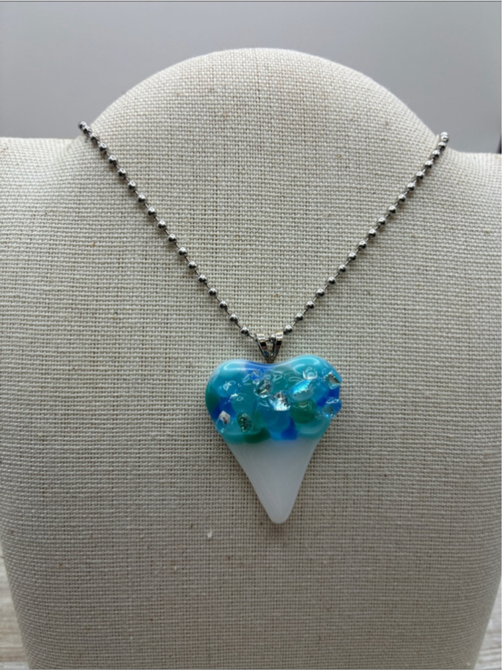 Handcrafted Fused Glass Blue & White Heart Pendant Necklace